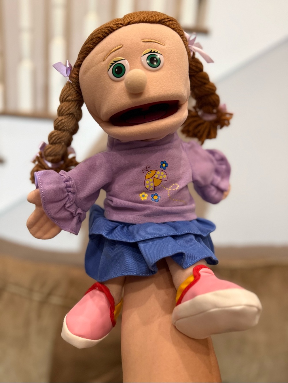 Silly Puppets Girl Hand Puppet Brown Braids Purple Blue Dress 15”